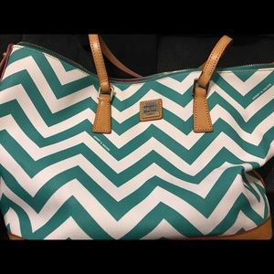 Dooney & Bourke Teal and White Chevron Leather-Trim Shoulder Bag